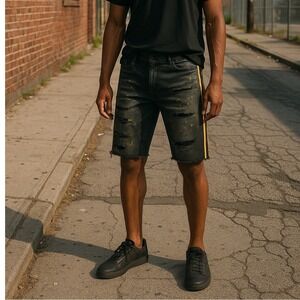 Jordan Craig Legacy‎ Denim Shorts 46 Raw Hem Distress Splatter Stripe Gold Black